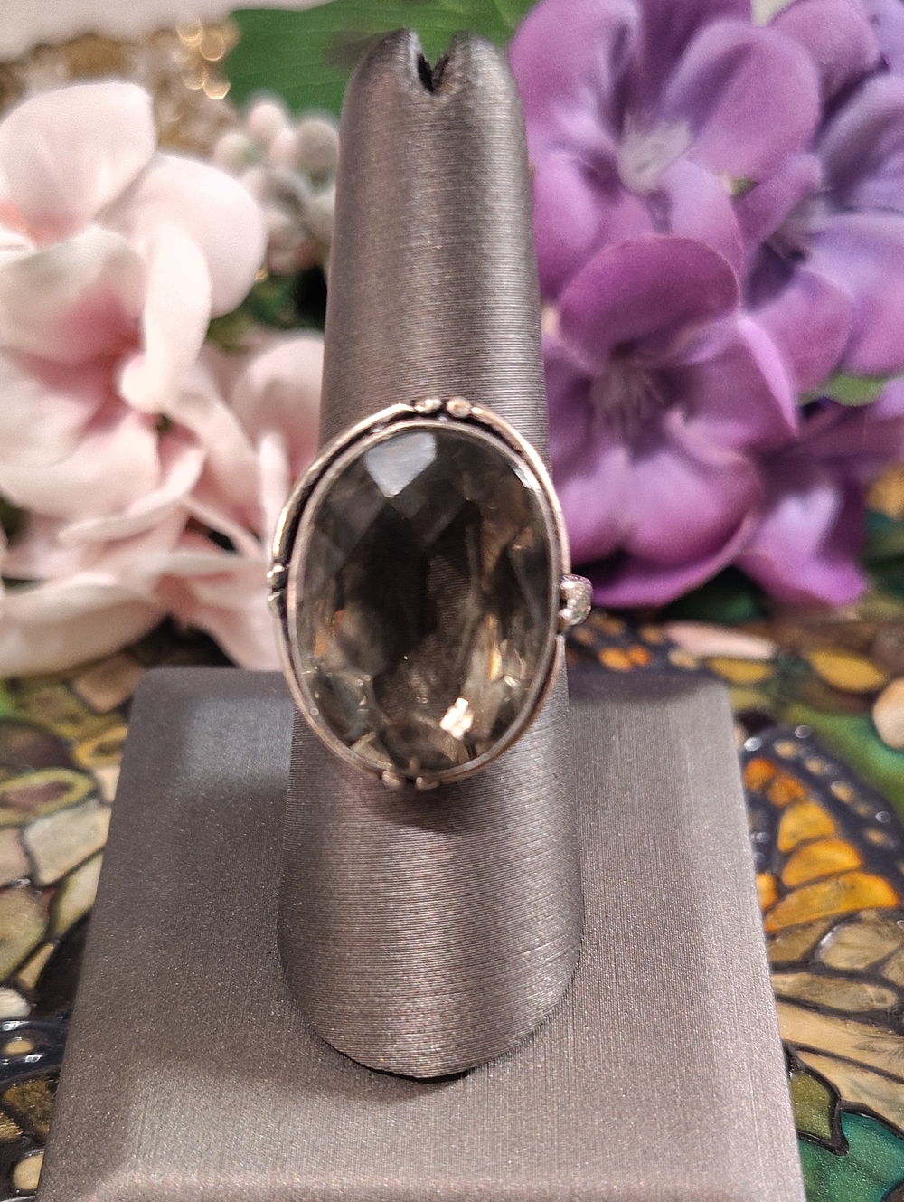 Smoky Topaz Glass Stone 925 Silver Ring - Size 10